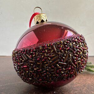 Vintage Red Blown Glass Ornament, Hand Beaded Holiday Bauble